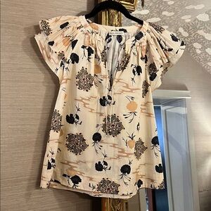 Ulla Johnson Cream Floral Blouse with Black and Tan Details